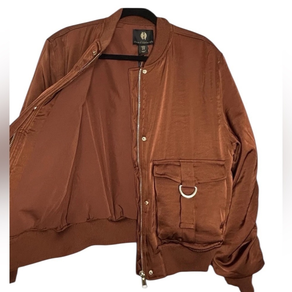 NWT House of Harlow 1960 satin ruched copper brown bomber jacket size L HOLIDAY - Picture 12 of 12